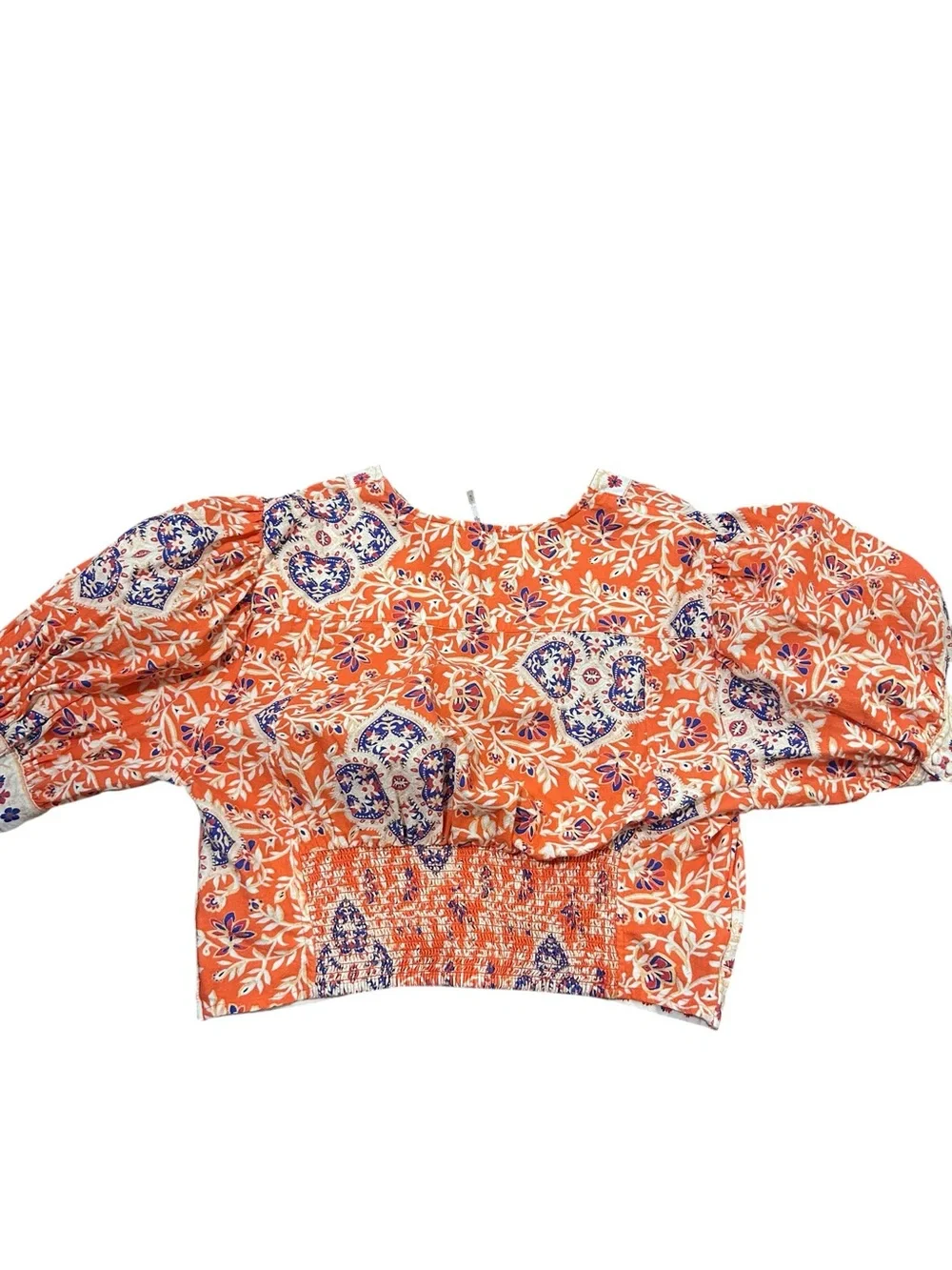 Free People Orange Boho Wrap Crop Top Paisley Floral Smocked Back Large